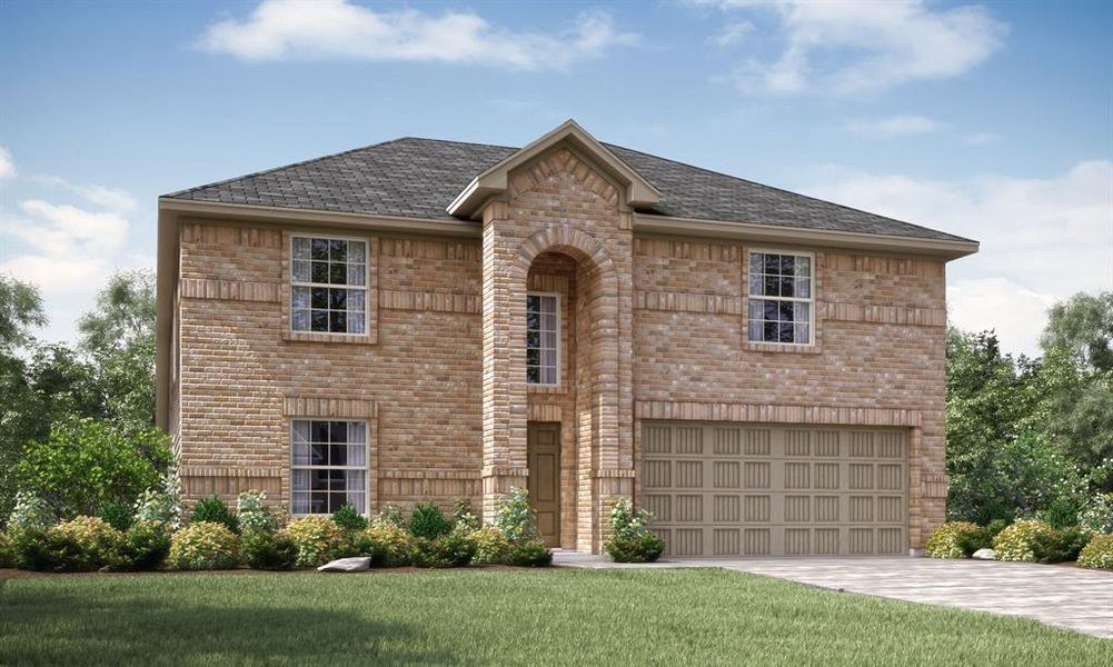 View of front facade featuring a garage and a front yard