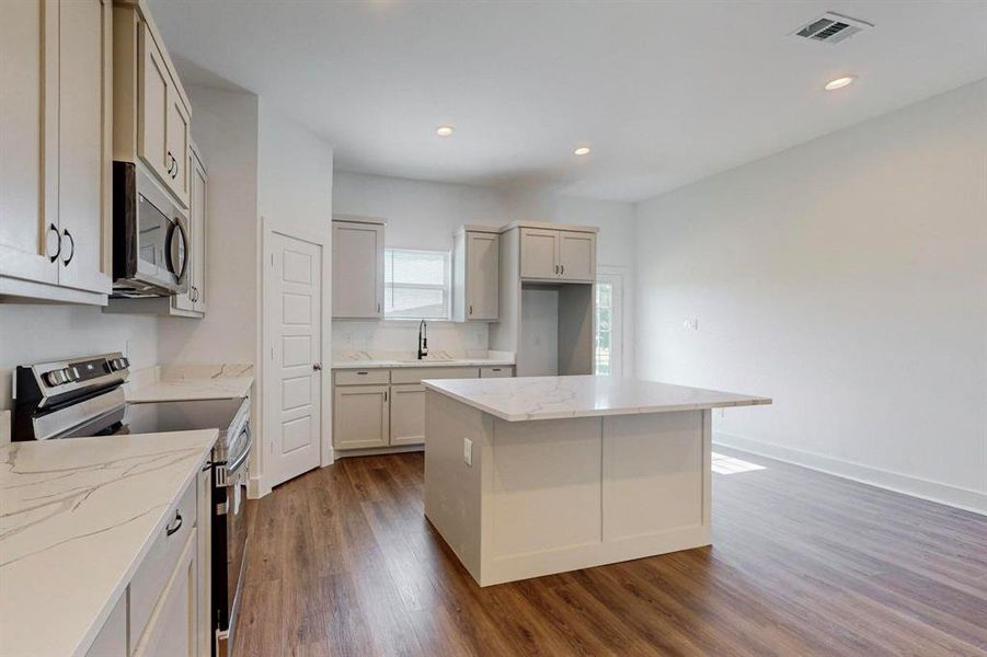 Kitchen featuring a center island, light stone countertops, dark wood-type flooring, stainless steel appliances, and sink