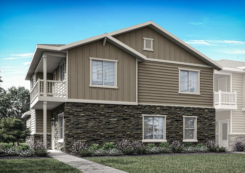 Rendering of the an end-unit townhome built with siding and stone.