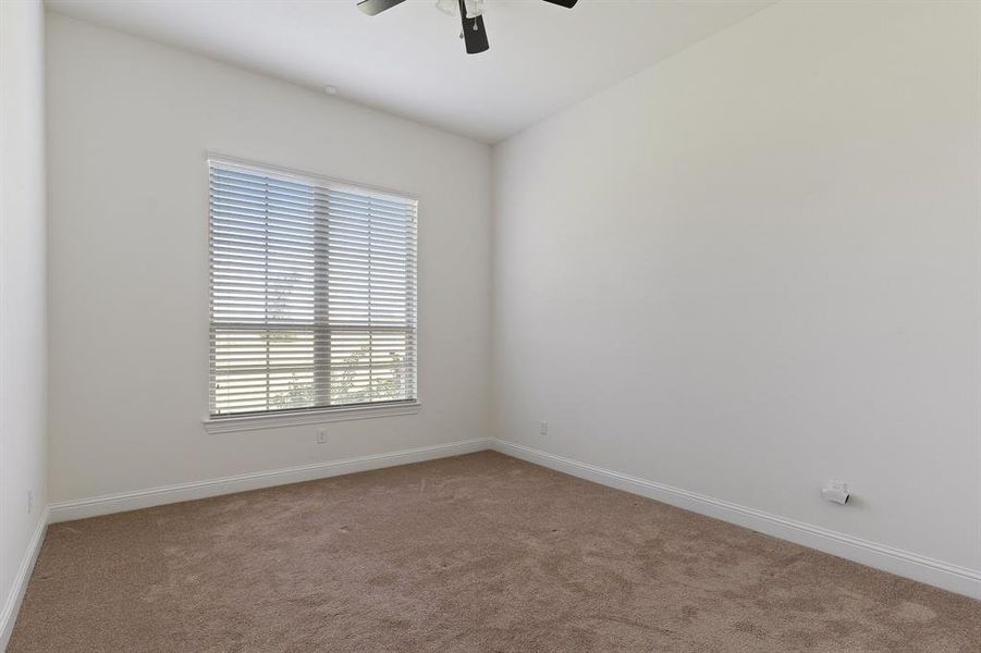 Empty room with carpet floors and ceiling fan