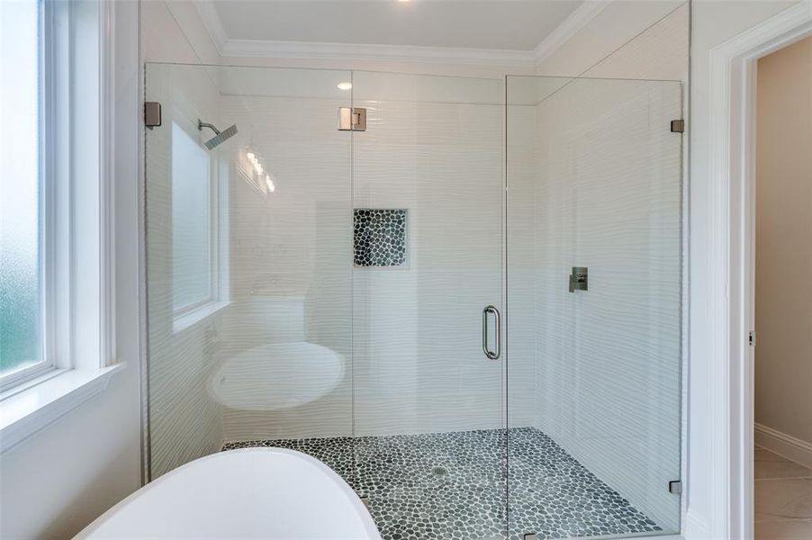 Bathroom featuring a shower with shower door and crown molding