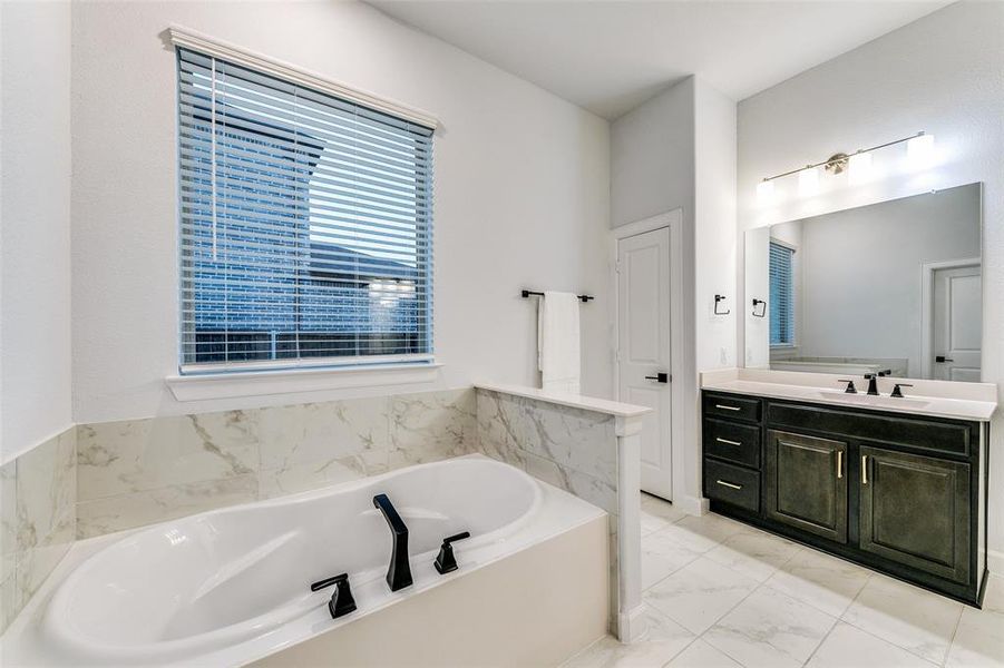 Bathroom with vanity and a bath