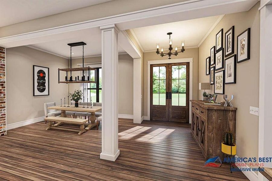 Entrance foyer with a chandelier, ornamental molding, decorative columns, french doors, and dark hardwood / wood-style floors
