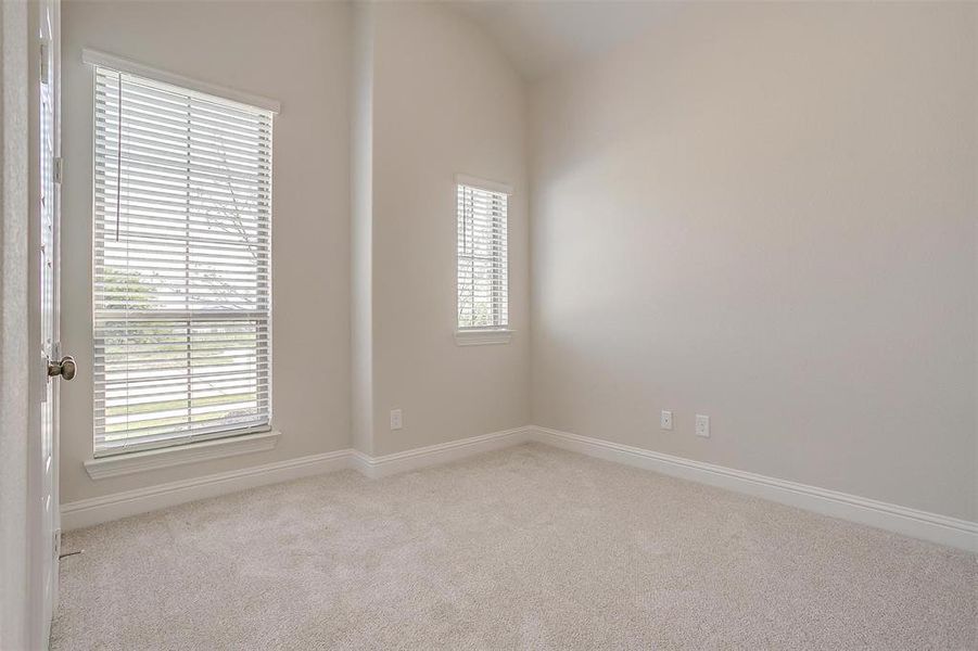 Carpeted spare room featuring vaulted ceiling