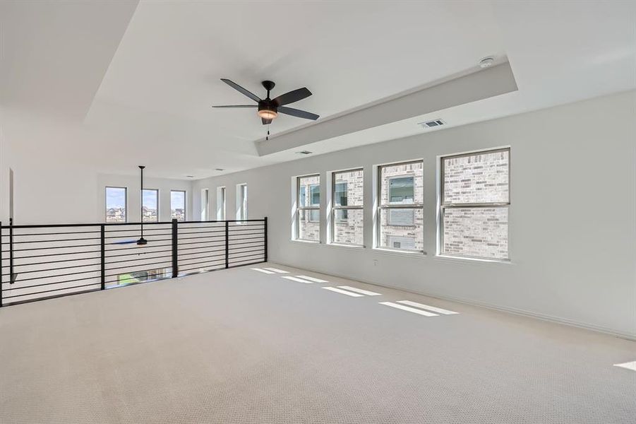 Carpeted spare room featuring a raised ceiling, ceiling fan, and plenty of natural light