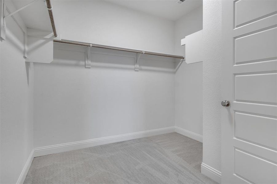 Primary spacious closet featuring light colored carpet