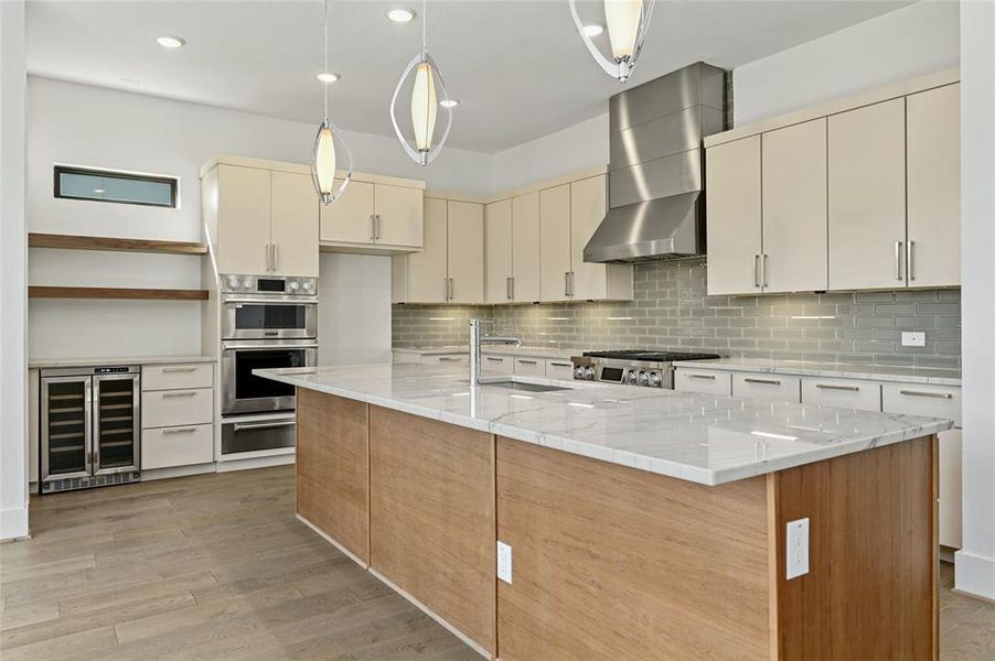 Bar with wine fridge and floating shelves