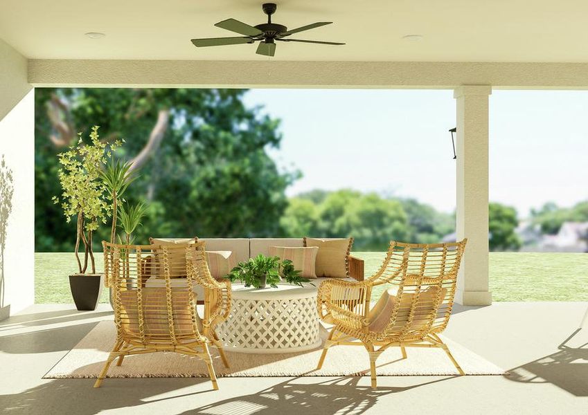 Rendering of the covered patio featuring
  an outdoor sofa, two armchairs, coffee table and rug looking out to the
  backyard.