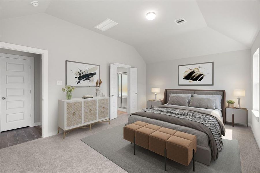 Unwind in style in this remarkable primary suite after a long day! Revel in the luxury of plush carpet, warm paint tones, soaring ceilings, and expansive windows. Sample photo of completed home with similar floor plan. As-built interior colors and selections may vary.