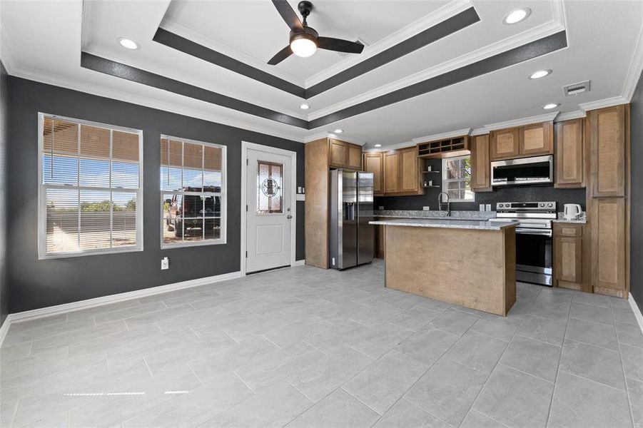 Kitchen featuring stainless steel appliances, crown molding, a center island, a raised ceiling, and ceiling fan