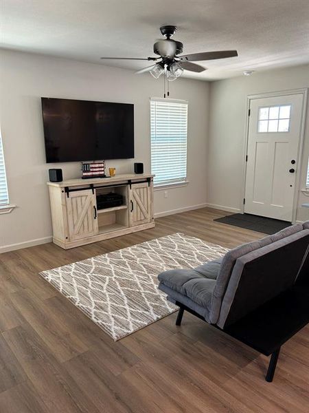 Living room featuring ceiling fan and hardwood / wood-style flooring