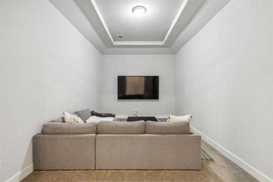 Carpeted living room featuring a raised ceiling