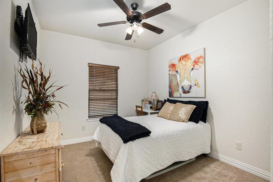 Carpeted bedroom featuring ceiling fan