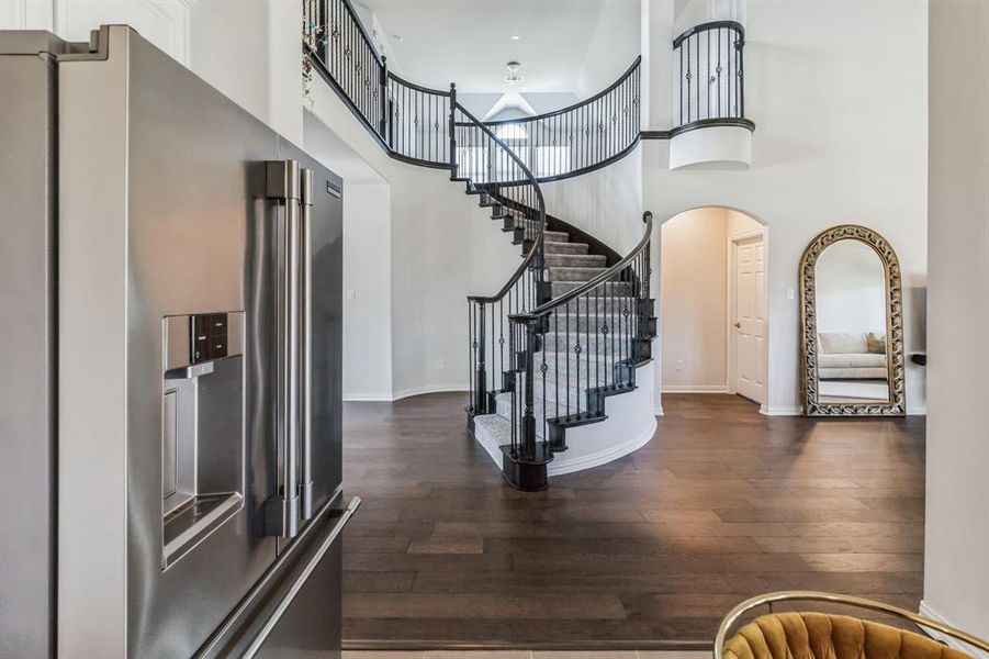 Entryway featuring a high ceiling and dark hardwood / wood-style flooring