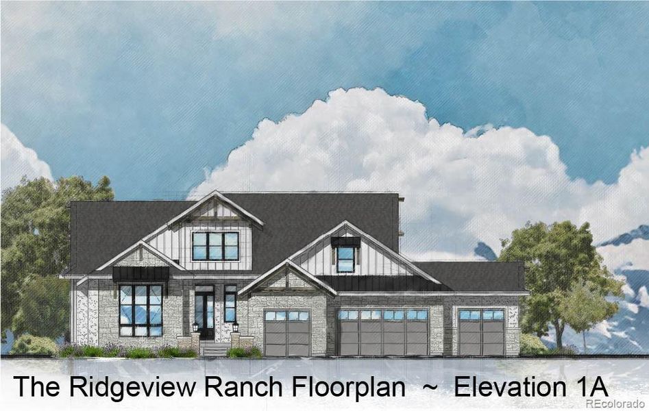 Rare Ranch Floorplan - The Ridgeview Plan Elevation 1A - 2nd Story Windows are for Dramatic Look Only