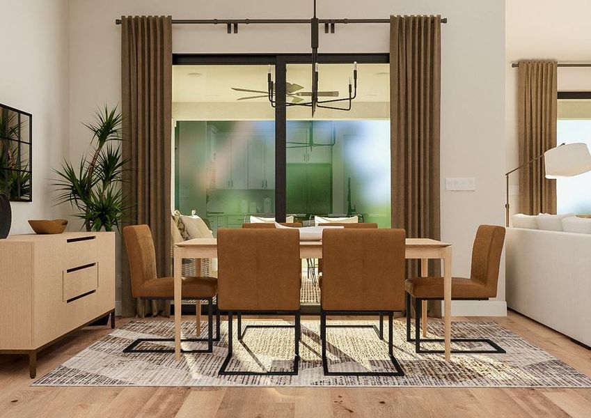 Rendering of the Mantle's dining room
  with large rustic dining table. A buffet and mirror sit next to sliding glass
  doors that open to the covered patio. The living room couch and windows are
  visible to the right.