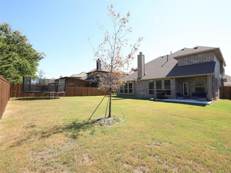 View of yard featuring a trampoline and a patio