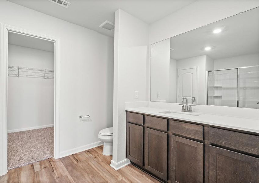 The master bathroom has plenty of counter space.