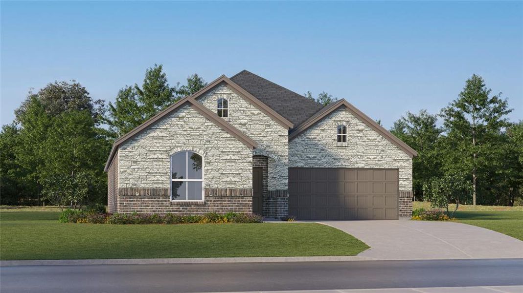 View of front facade featuring a garage and a front lawn