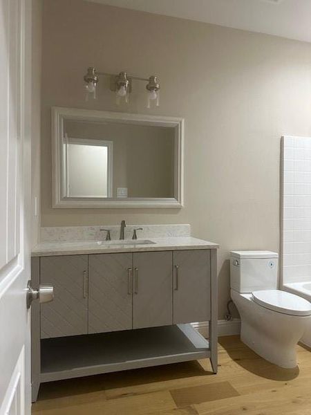 Bathroom with hardwood / wood-style floors, vanity, and toilet