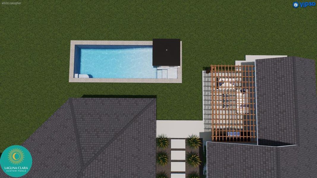 Rendering from above of what pool and outdoor living/kitchen area will look like.