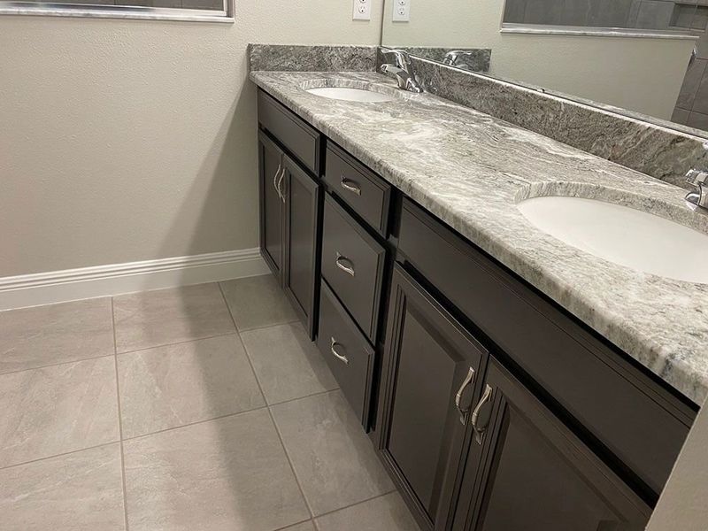 Juno new home the owners bathroom beautiful granite topped vanity with 2 sinks William Ryan Homes Tampa