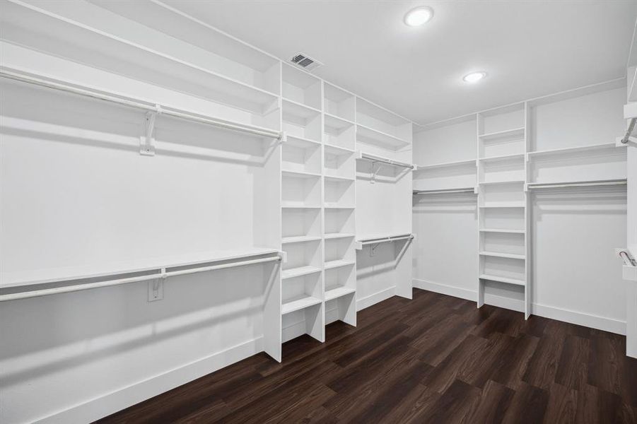 Walk in closet with dark hardwood / wood-style floors