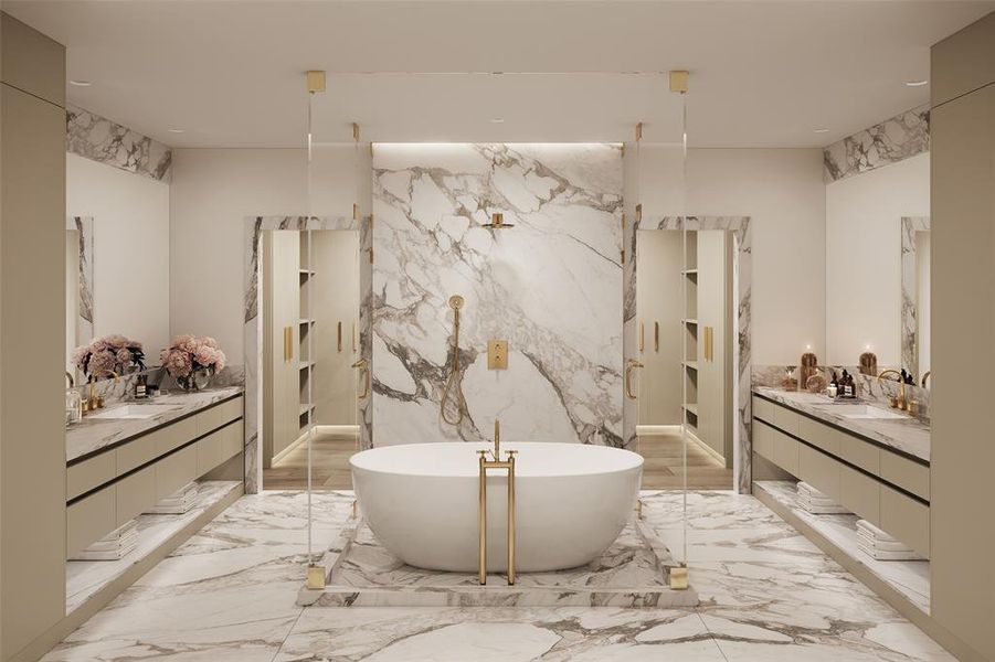Luxurious bathrooms appointed in gold fixtures, a vast selection of stone, porcelains, and/or all to your design specification.