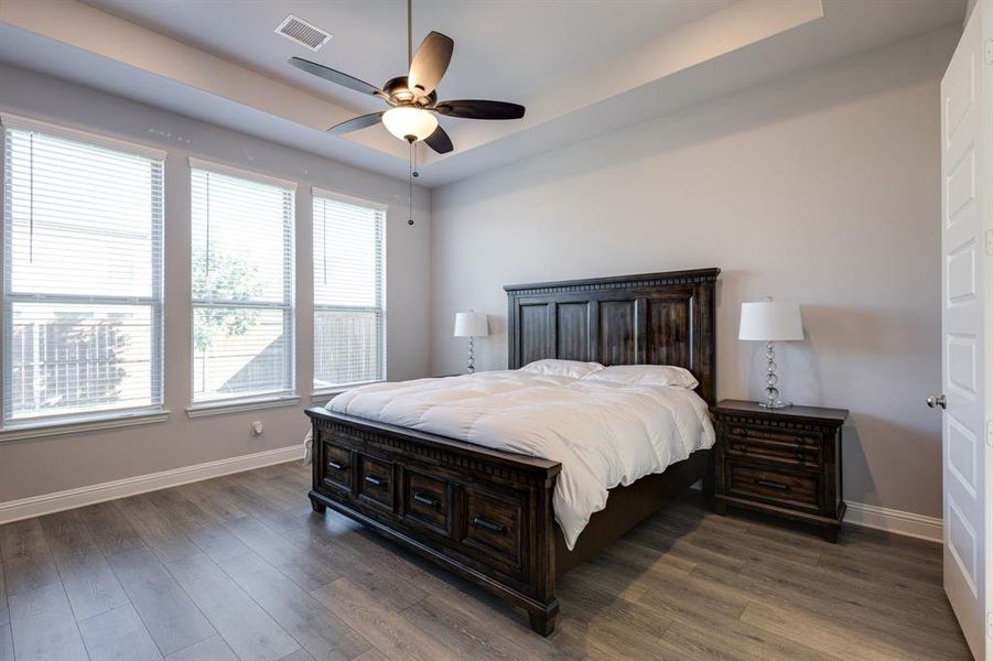 Bedroom with ceiling fan, a raised ceiling, and dark hardwood / wood-style flooring