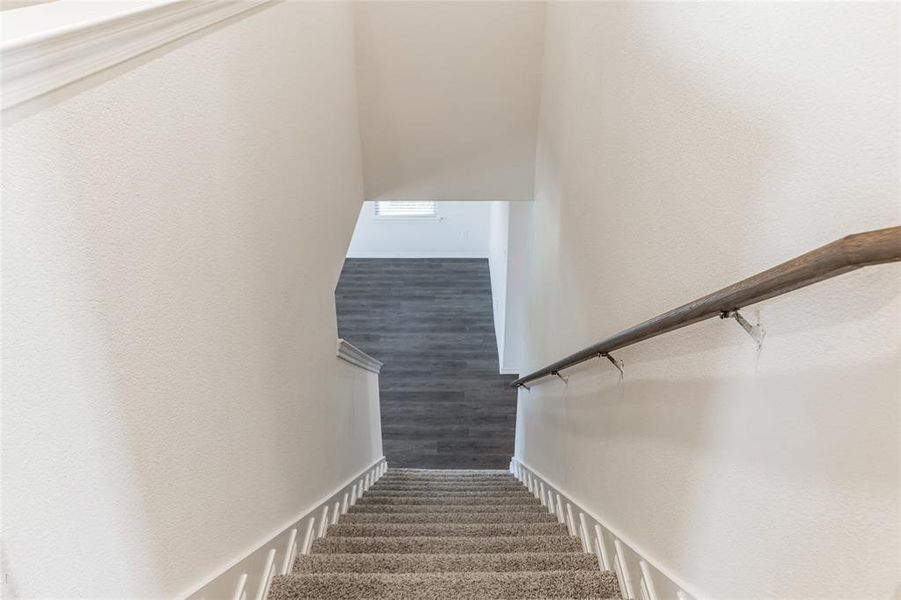 Stairway featuring hardwood / wood-style flooring