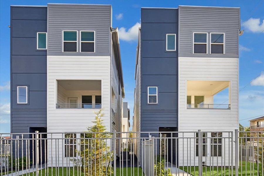 Contemporary single-family homes with sleek, modern architecture featuring clean lines and a two-tone façade. These homes boast spacious open balconies, large windows for ample natural light, and private gated entry.