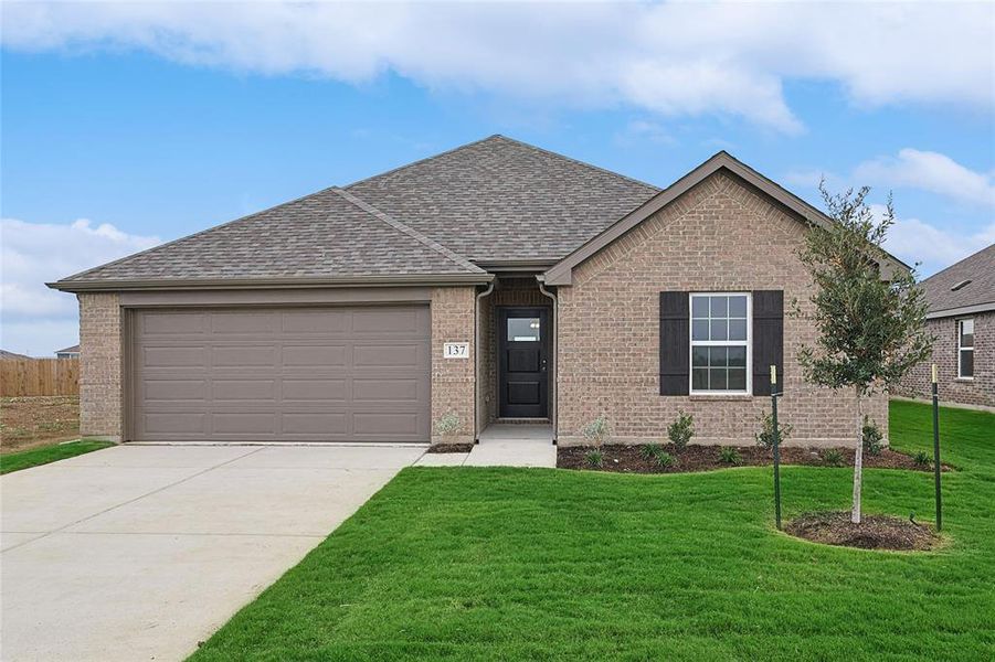 View of front of house with a front lawn and a garage