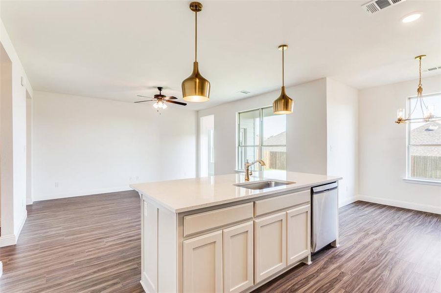 Kitchen with sink, dark hardwood / wood-style flooring, hanging light fixtures, and dishwasher