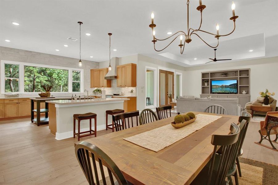 The view from the dining area shows you how open the living space is in this home.