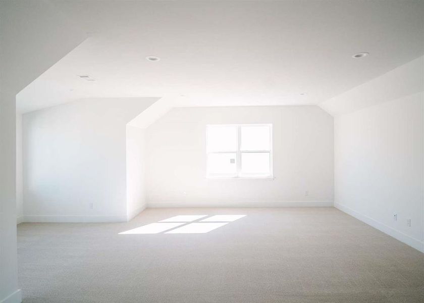 Additional living space featuring vaulted ceiling and light colored carpet