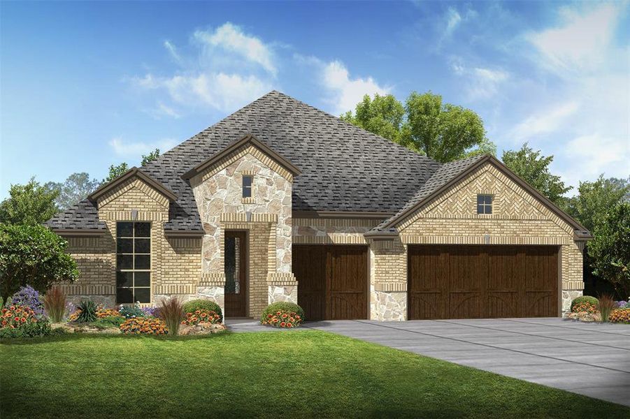 Charming Cooperfield design by K. Hovnanian Homes in elevation B built in Tejas Landing. (*Artist rendering used for illustration purposes only.)
