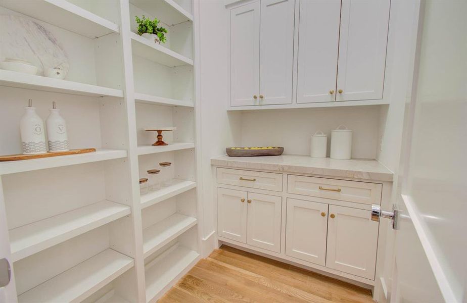 Walk in pantry offer a quarzite counter top and custom built cabinets.