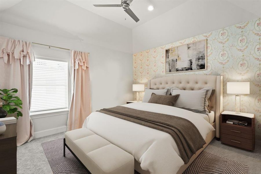 Virtually Staged: Wonderfully appointed secondary bedroom, featuring a high vaulted tray ceiling with a ceiling fan, recessed lighting, and carpet floors.