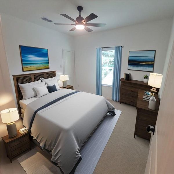 Carpeted bedroom with ceiling fan. Photo generated with AI furniture not included in the sale.