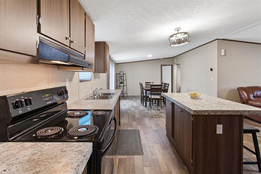 The Kitchen in this charming mobile home is a true centerpiece, combining functionality with a welcoming ambiance.