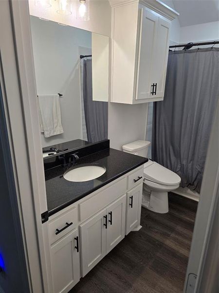 Bathroom with wood-type flooring, vanity, and toilet