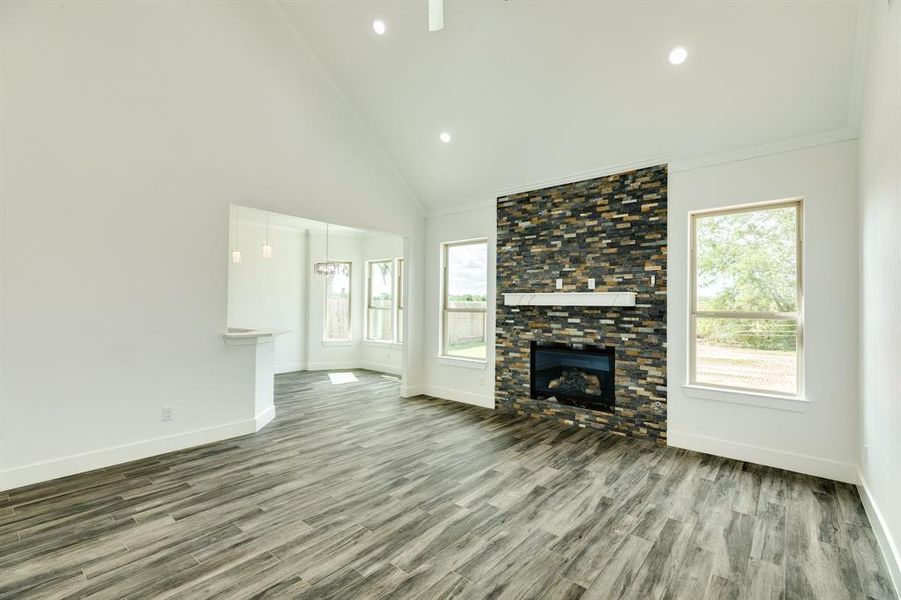 Gorgeous stone fireplace with gas logs