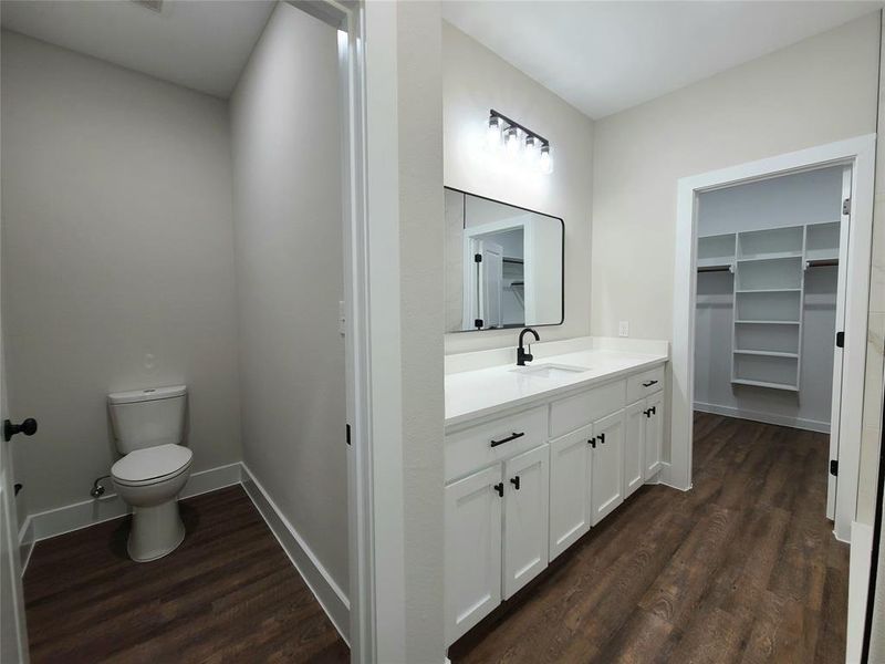 Primary Bathroom featuring hardwood / wood-style flooring, vanity, and toilet