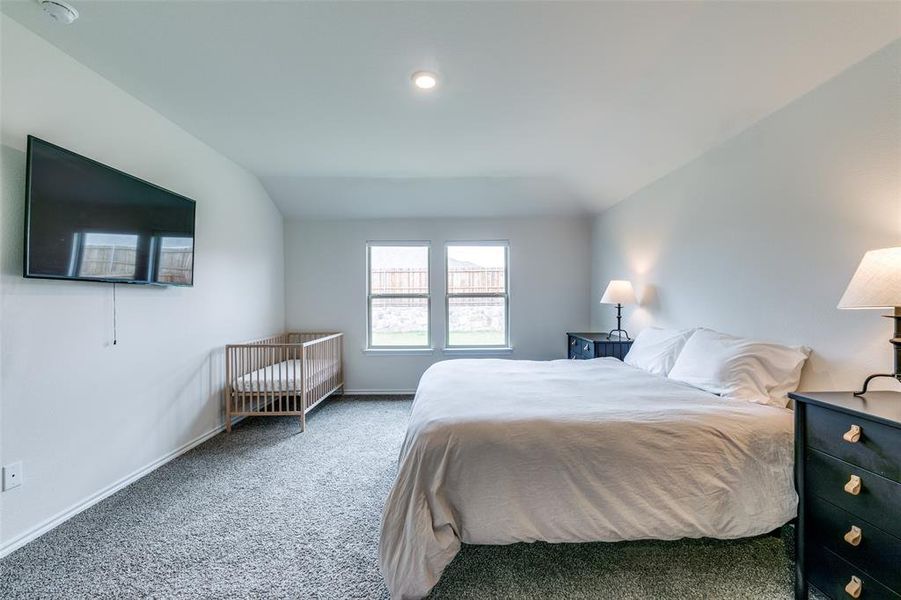 Carpeted bedroom featuring vaulted ceiling