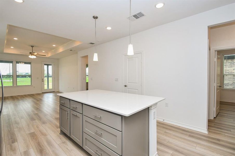 Kitchen large island for convenient prepping or serving on.