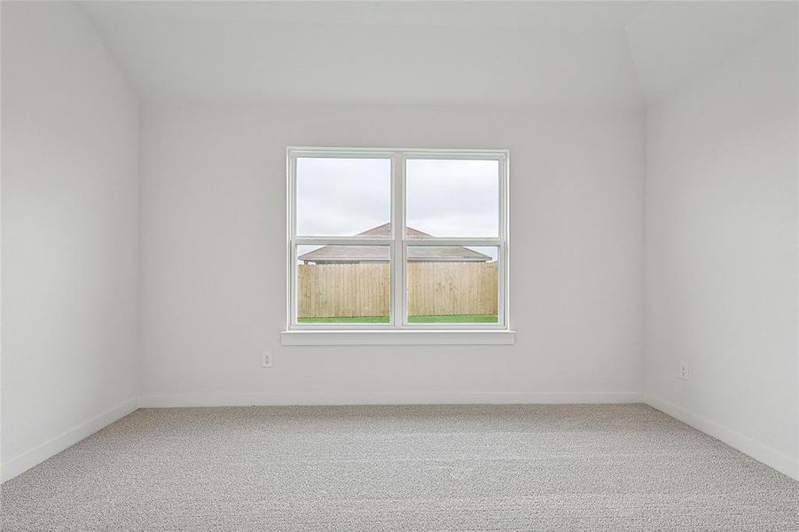 Carpeted empty room featuring a healthy amount of sunlight and vaulted ceiling