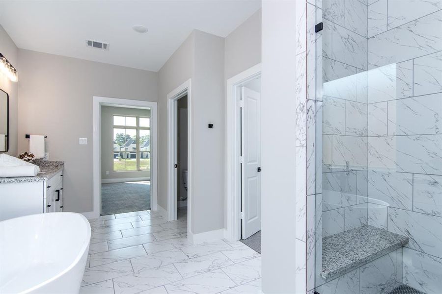 Primary bath with beautiful seamless glass shower enclosure.