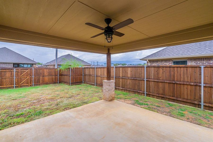 View of patio with ceiling fan