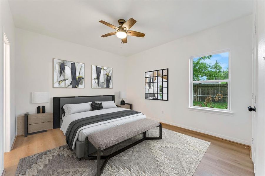 The serene master bedroom invites you to unwind, with a glimpse of the closet promising ample storage space. (Virtual Staging May Be Present)