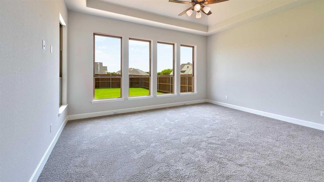 Carpeted spare room with ceiling fan, a raised ceiling, and plenty of natural light